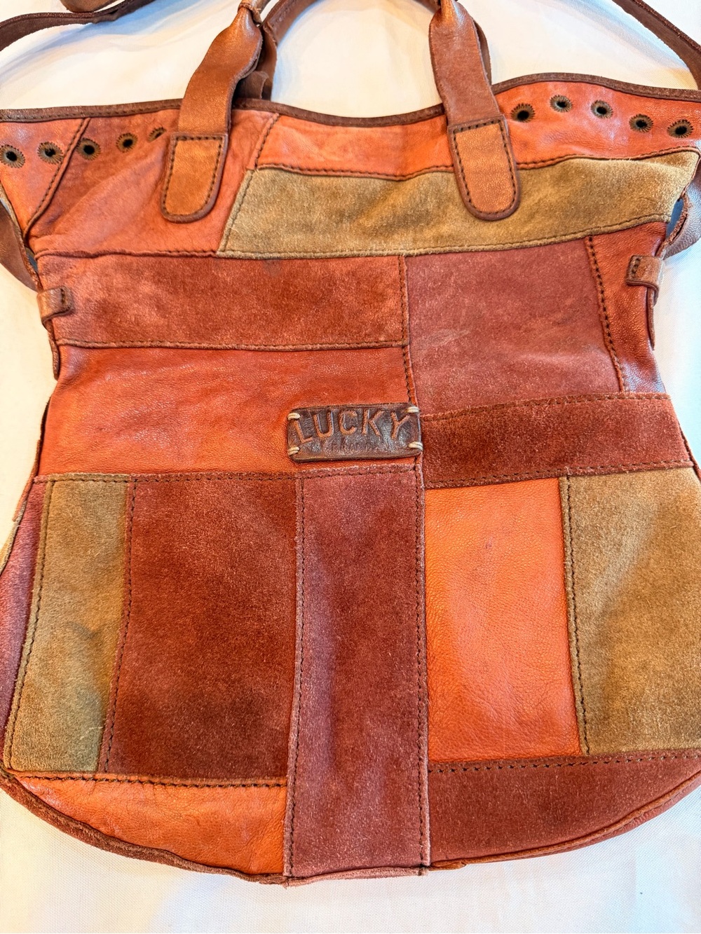 Vintage Lucky Brand Patchwork Suede & Leather Dual Handle Tote in Earth Shades - Picture 2 of 11